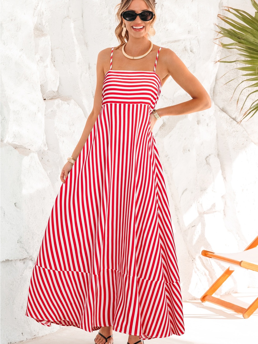 Cupshe Red and White Striped Spaghetti Strap Maxi Dress